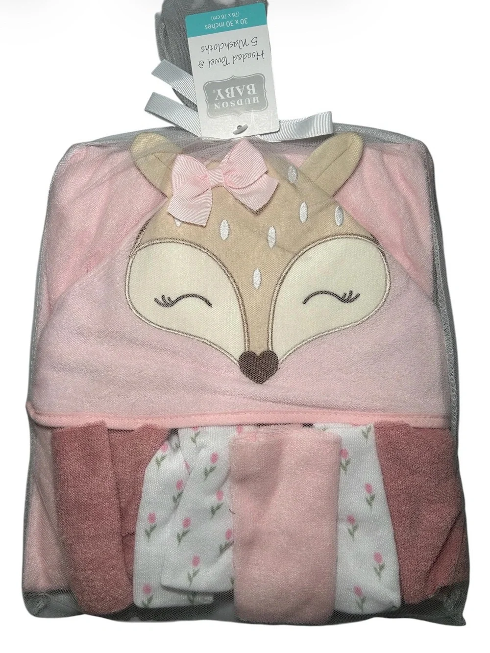 Hudson Baby Pink Deer Hooded Towel Set with Floral Washcloths Babygirl Babyshowe